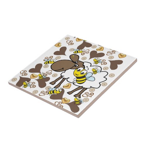 Ceramic Tile Sheep Bumblebee Brown Hearts