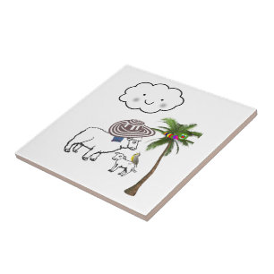 Ceramic Tile, Sheep, Clouds, Palm Tree Ceramic Tile