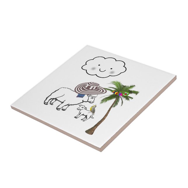 Ceramic Tile, Sheep, Clouds, Palm Tree Ceramic Tile (Side)