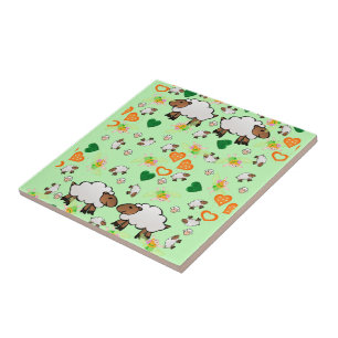 Ceramic Tile, Sheep, Fairy, Green Orange Hearts Tile