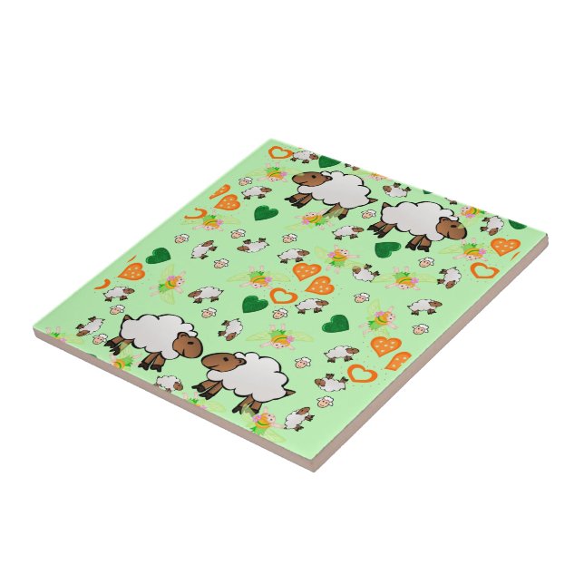 Ceramic Tile, Sheep, Fairy, Green Orange Hearts Tile (Side)