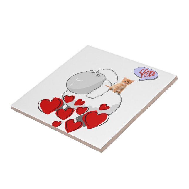 Ceramic Tile Sheep Kitten Red Hearts (Side)