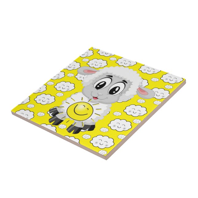 Ceramic Tile, Sheep, Sun, Clouds, Yellow Ceramic Tile (Side)