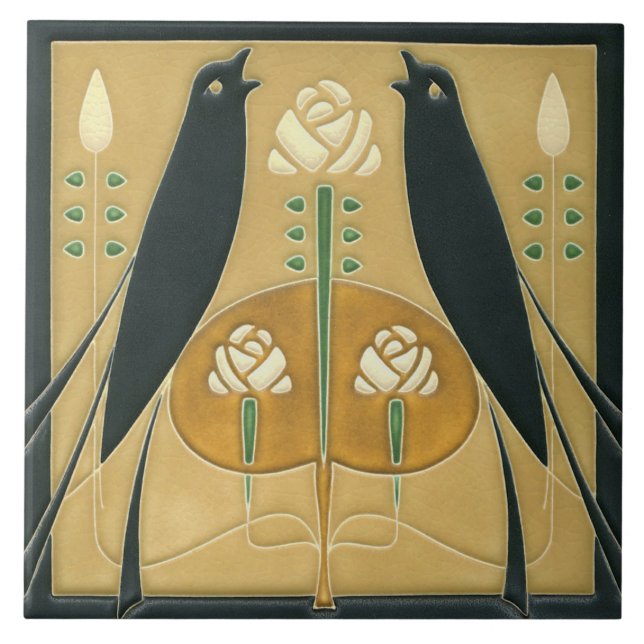 Ceramic Tile - Songbird Art Nouveau Floral (Front)