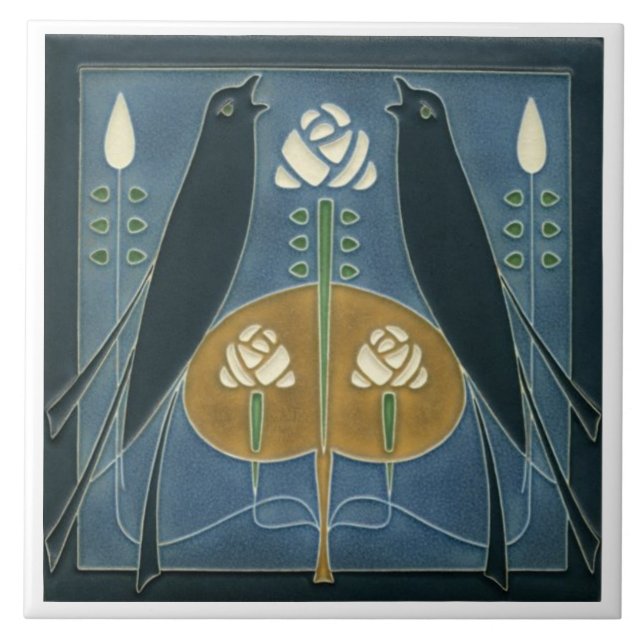 Ceramic Tile - Songbird Art Nouveau Floral White (Front)