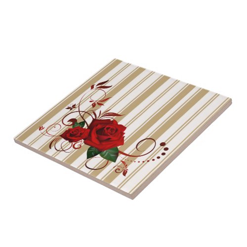 Ceramic Tile Stripe Beige &amp; White Stripe Red Rose