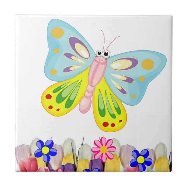 Ceramic Tile Tulips Floral Butterfly (Front)