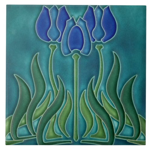 Ceramic Tile _ Vintage Blue Tulips Art Nouveau