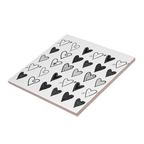 Ceramic Tile White and Black Hearts