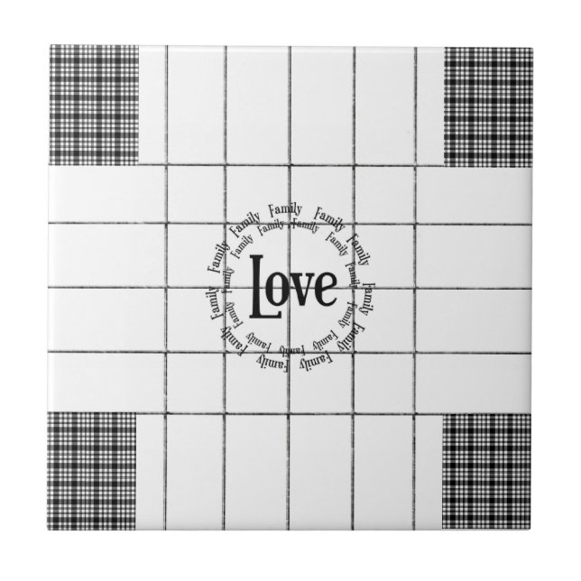 Ceramic Tile White and Black Plaid Love Family  (Front)