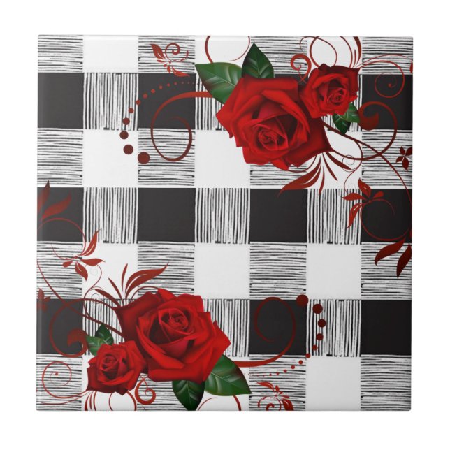 Ceramic Tile White and Black Plaid Red Rose (Front)