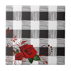 Ceramic Tile White and Black Plaid Red Rose