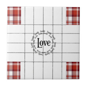 Ceramic Tile White and Red Plaid Love Family