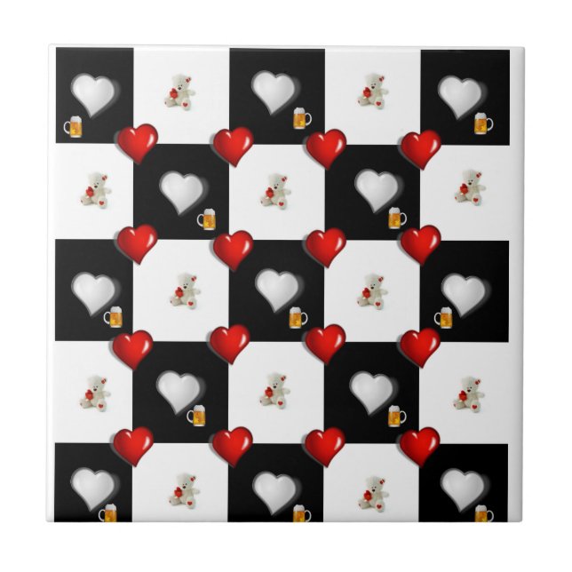 Ceramic Tile White Black Checkered Beer Teddy Bear (Front)