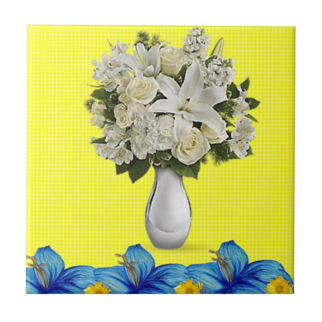 Ceramic Tile White Floral Blue Yellow (Front)