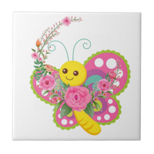 Ceramic Tile White Floral Butterfly