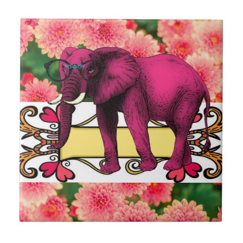 Ceramic Tile White Floral Elephant