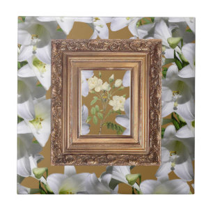 Ceramic Tile White Floral Gold