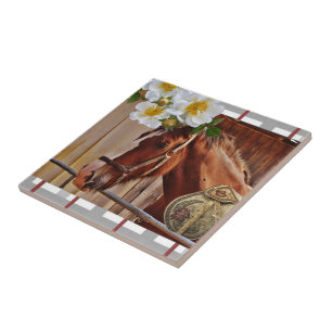 Ceramic Tile White Floral Horse