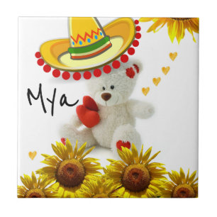 Ceramic Tile White Sunflower Teddy Bear