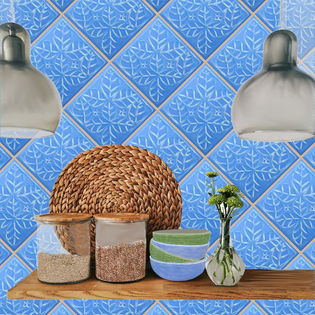 Ceramic tile with blue Stylized Ovate Leaves (Blue ovate leaf tile shown on a kitchen backsplash.)