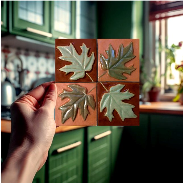 Ceramic Tile with four Maple leaves (Tile with 4 maple leaves heald in the hand.)