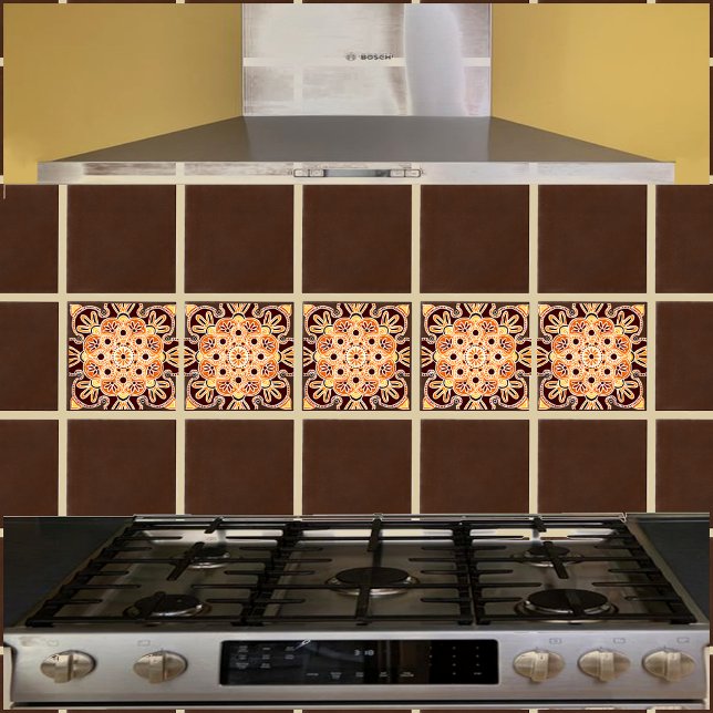 Ceramic tile with Geometric brown, gold & orange (Orange and brown geometric tile shown on a kitchen backsplash with brown field tiles.)