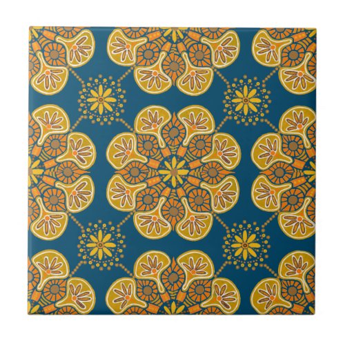Ceramic Tile with repeating ocher on teal
