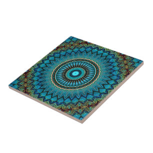 Ceramic Tile With Teal Green Mandala Art Pattern