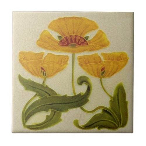 Ceramic Tile _ Yellow Flower Heads Art Nouveau
