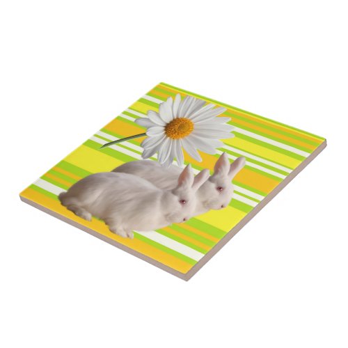 Ceramic Tile Yellow Green Daisy Stripe Rabbits