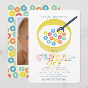 Cereal-sly One Yellow Cereal Photo 1st Birthday Invitation