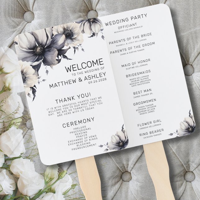 Ceremony Program Black White Floral Wedding Hand Fan (Ceremony Programs Boho Floral Black White Wedding Hand Fan)
