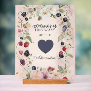 Ceremony This Way Floral Berry Design Acrylic Sign