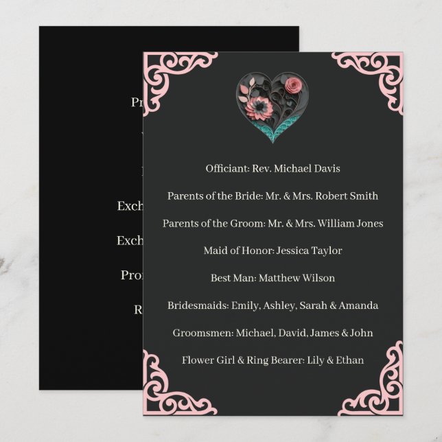 Ceremony Wedding Program Pink Heart Floral  (Front/Back)