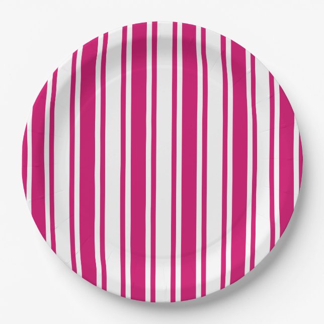 Cerise and white candy stripes paper plates (Front)