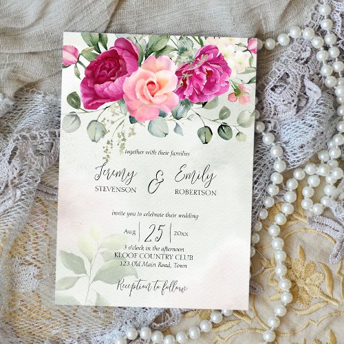 Cerise magenta peony roses eucalyptus watercolor i invitation