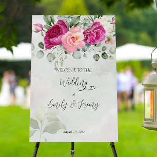 Cerise magenta peony roses eucalyptus welcome sign