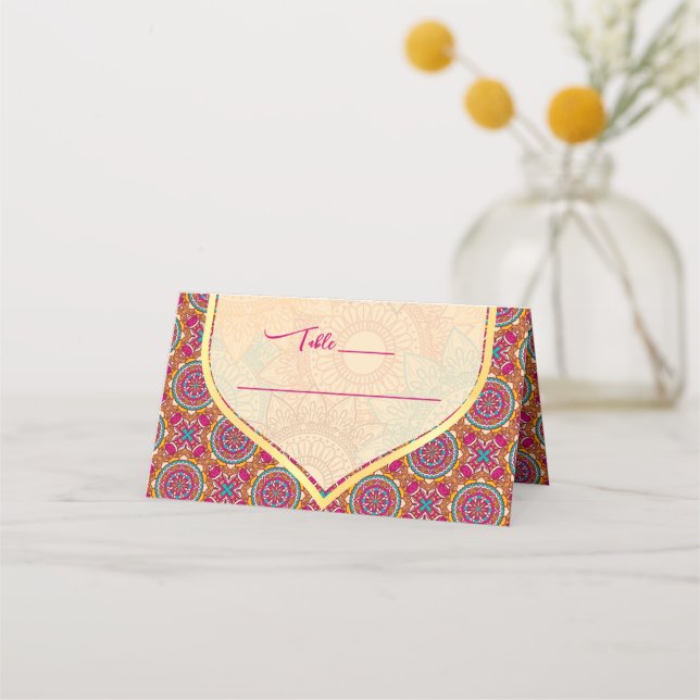 Cerise mandala rangoli mehndi table place cards (Front)