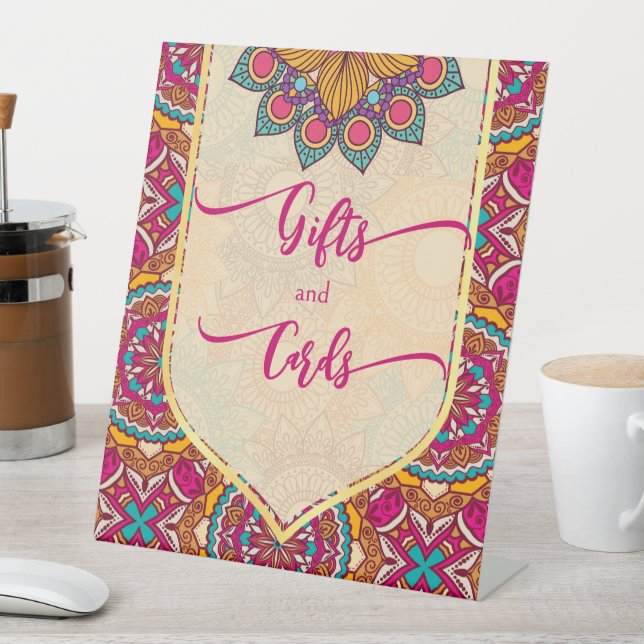 Cerise mandala rangoli table sign (In SItu)