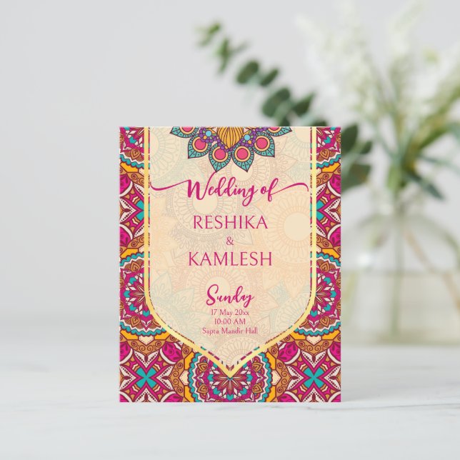 Cerise mandala rangoli wedding budget invitation (Standing Front)