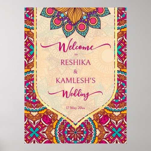 Cerise mandala rangoli wedding welcome sign