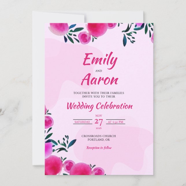 Cerise Peony Romantic Floral Watercolor Wedding Invitation (Front)