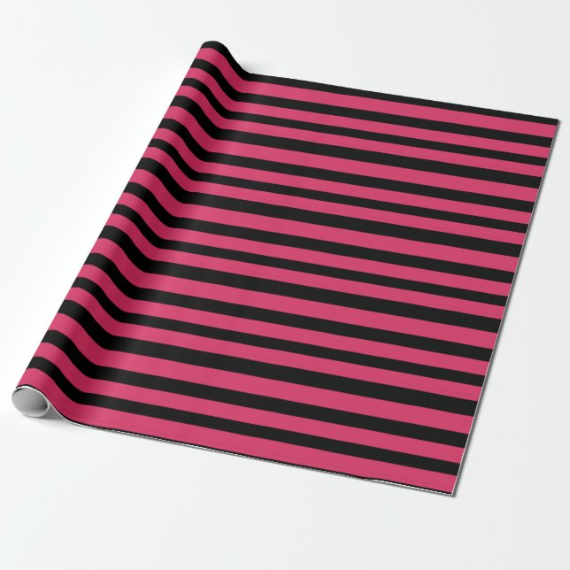 Cerise Pink and Black Stripes Wrapping Paper (Unrolled)