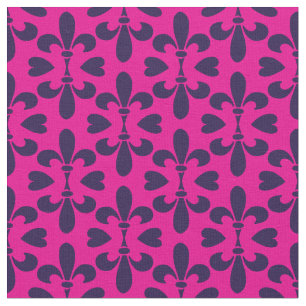 Cerise Pink and Deep Blue Heraldic Fleur-de-Lys Fabric