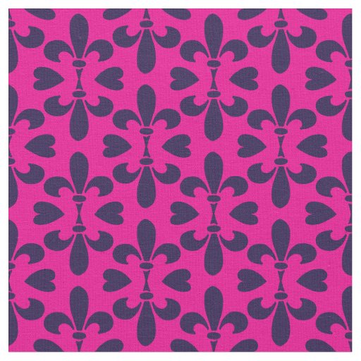 Cerise Pink and Deep Blue Heraldic Fleur-de-Lys Fabric