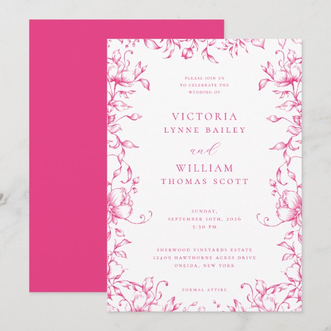 Cerise Pink Garden Floral Wedding Invitation (Front/Back)