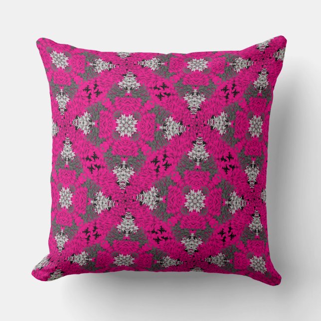 Cerise Pink Grey Mix Modern Floral Damask Print Throw Pillow (Front)