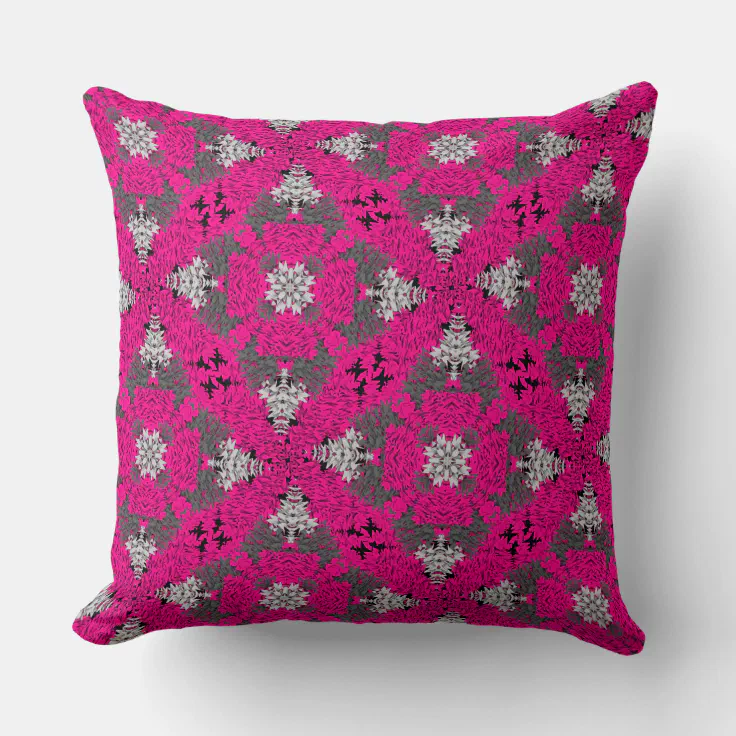 Cerise Pink Grey Mix Modern Floral Damask Print Throw Pillow | Zazzle