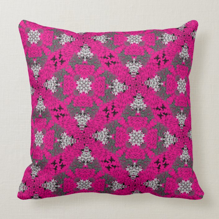 Cerise Pink Grey Mix Modern Floral Damask Print Throw Pillow